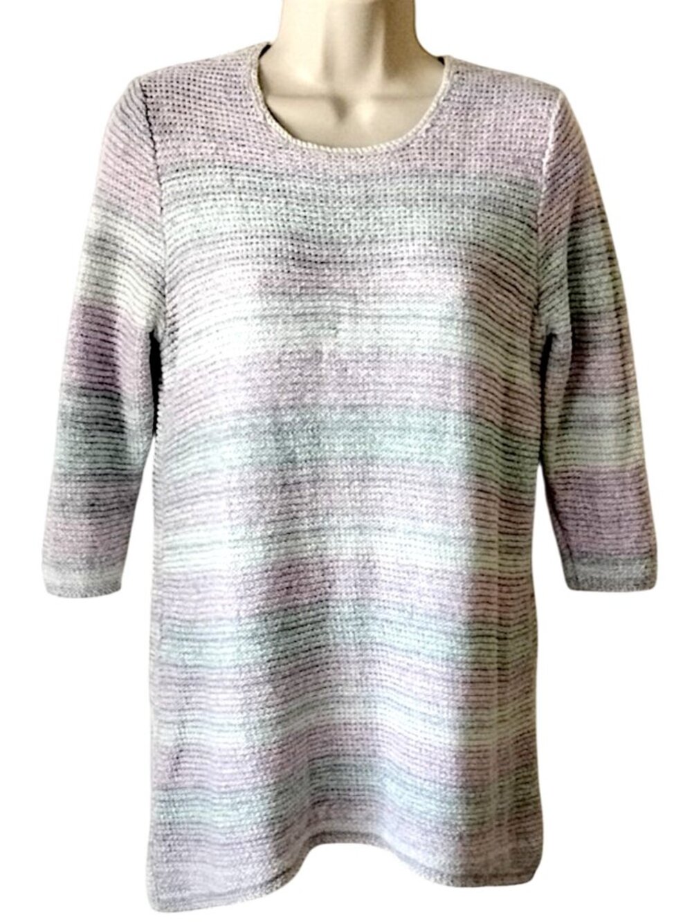J Jill Striped Pastel Knit Cotton Tunic M Crew Neck 3/4 Sleeve